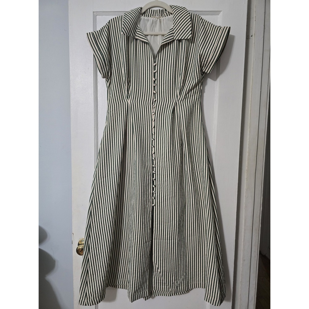 Entro Green White Striped Shirt Dress Collared Short Sleeve Midi Women's M